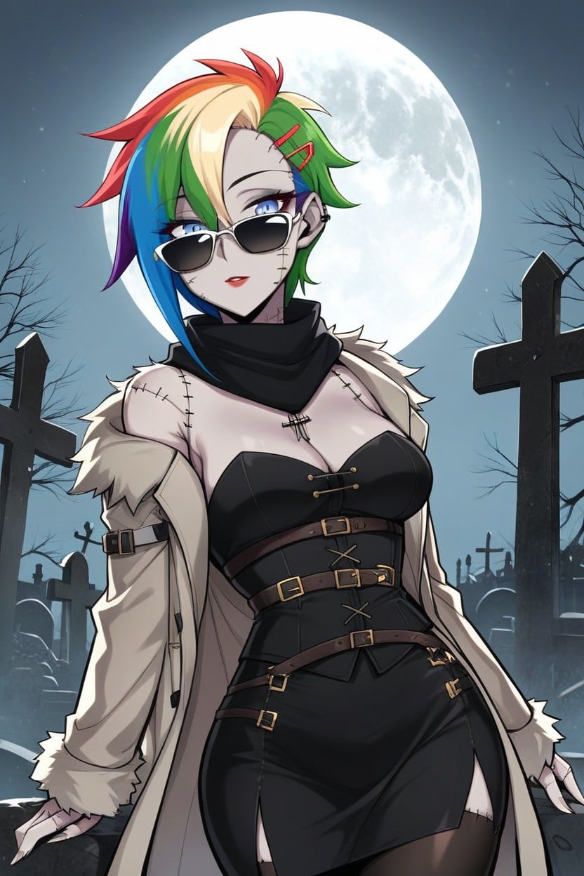 Breasts Fully Covered, Shoulder Length Hair, Green And Grey Zombie Skin AI Porn