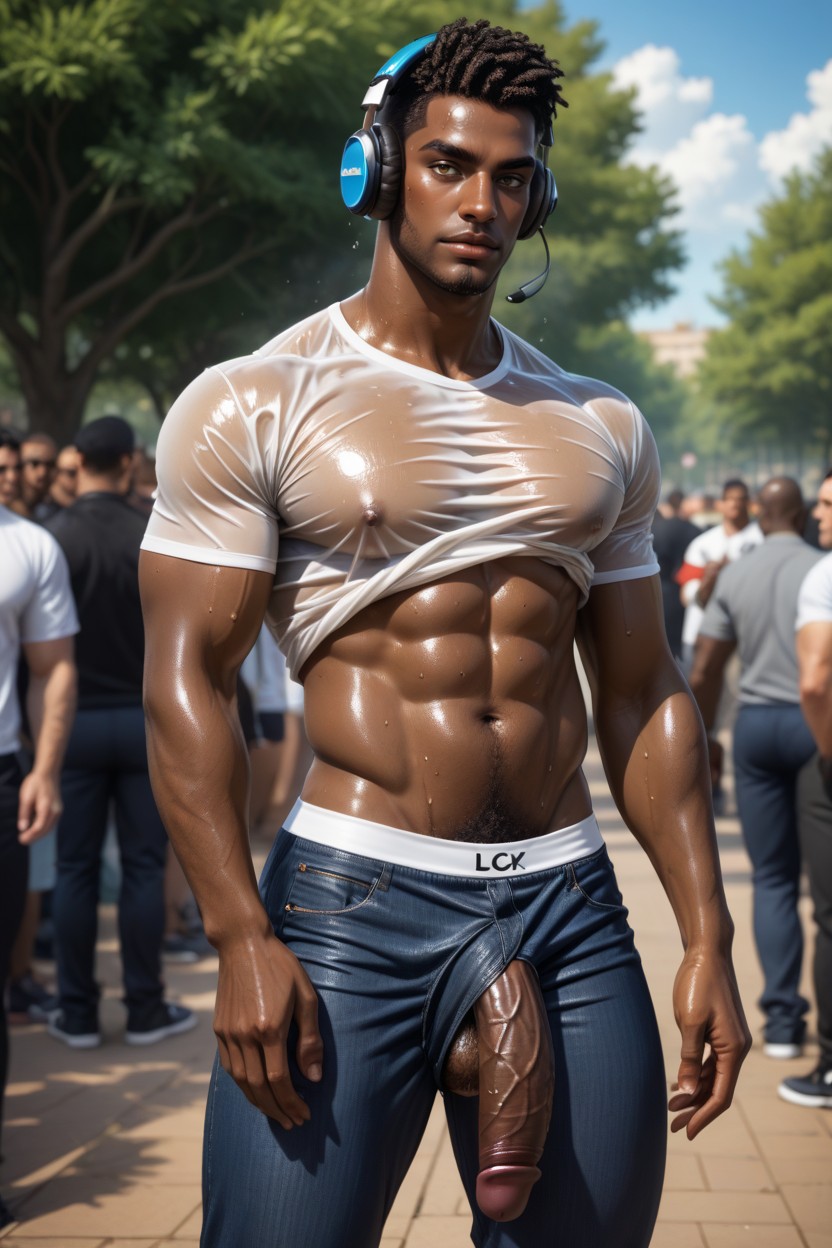 Wearing Headphones, Massive Flaccid Cock, Lean Body AI Gay Porn