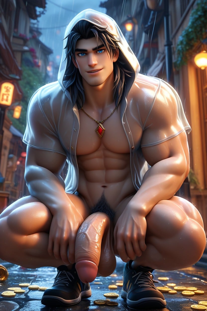Open White Raincoat With Hood, Night, Squatting AI Gay Porn