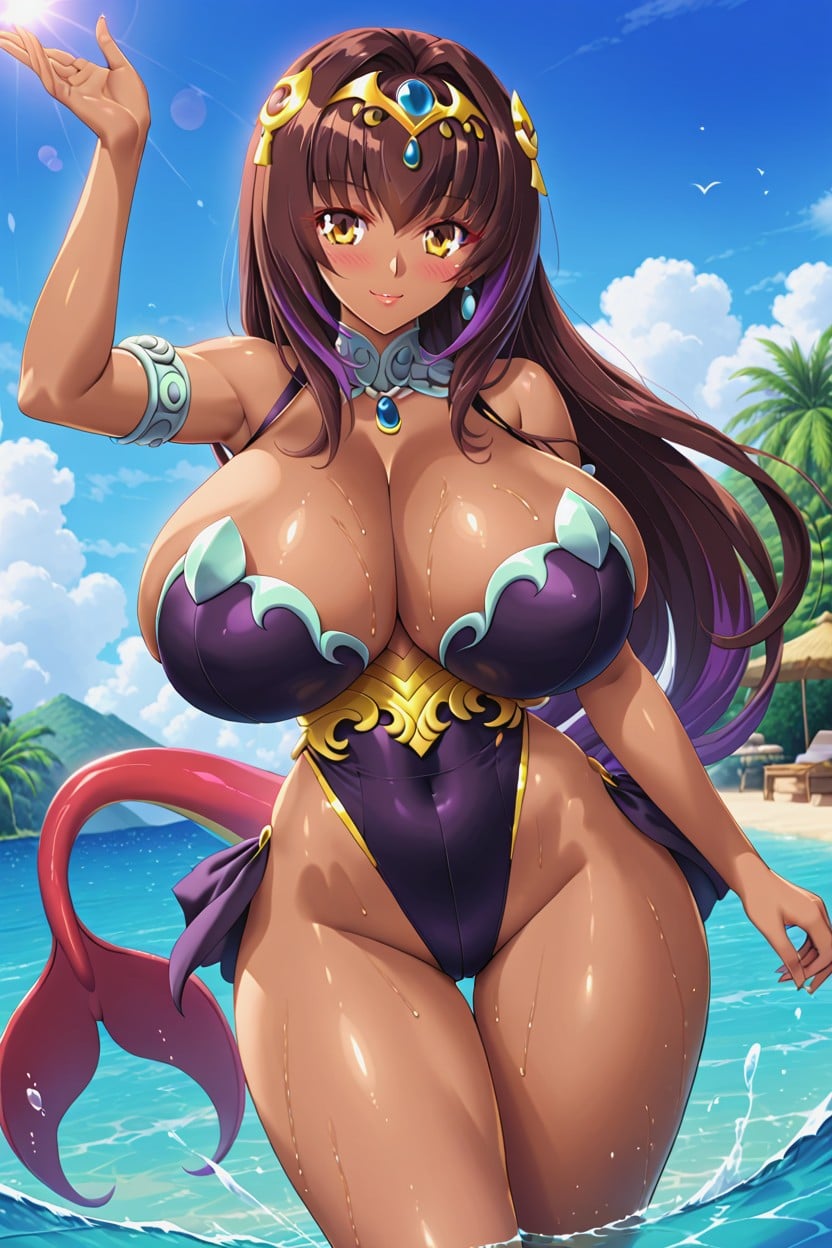 25+, Dark Brown Ebony Skin On Breasts, Sides Of Waist Covered In Dark Purple Scales Hentai AI Porn