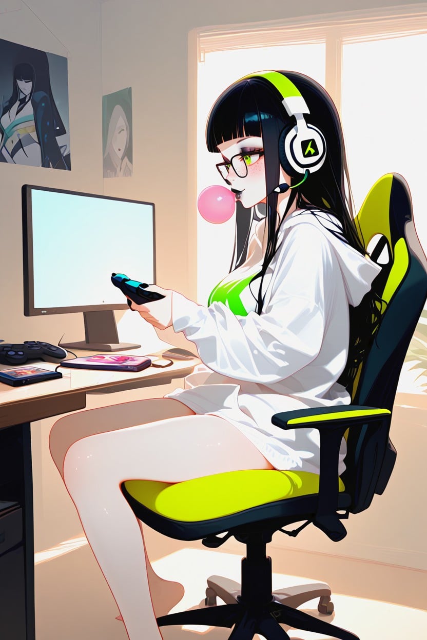 Makeup, Blunt Bangs, Pajama Bottoms Oversized Hentai AI Porn