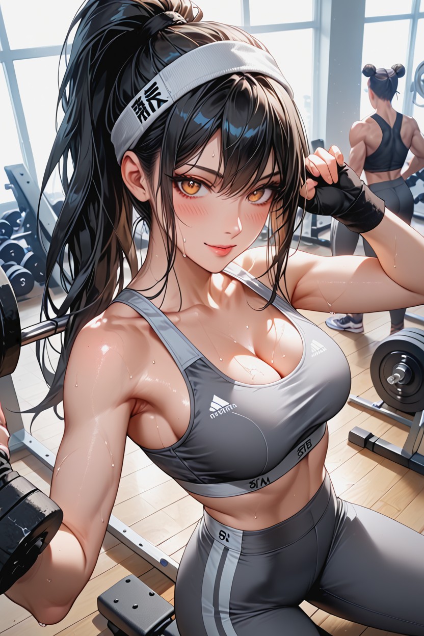 Skinny, Two Tone Grey Sports Bra With Brand Writing, Blushed Face Hentai AI Porn