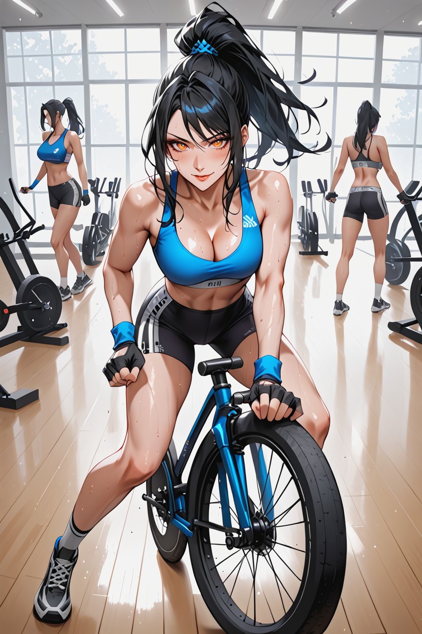 In A Modern Gym, Large Amber Eyes, Side View Hentai AI Porn