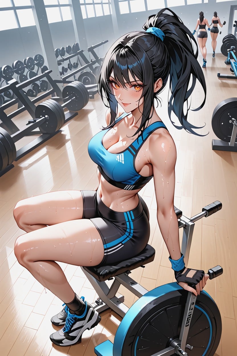 Many People Around, Exercising On Stationery Bike, Skinny Hentai AI Porn
