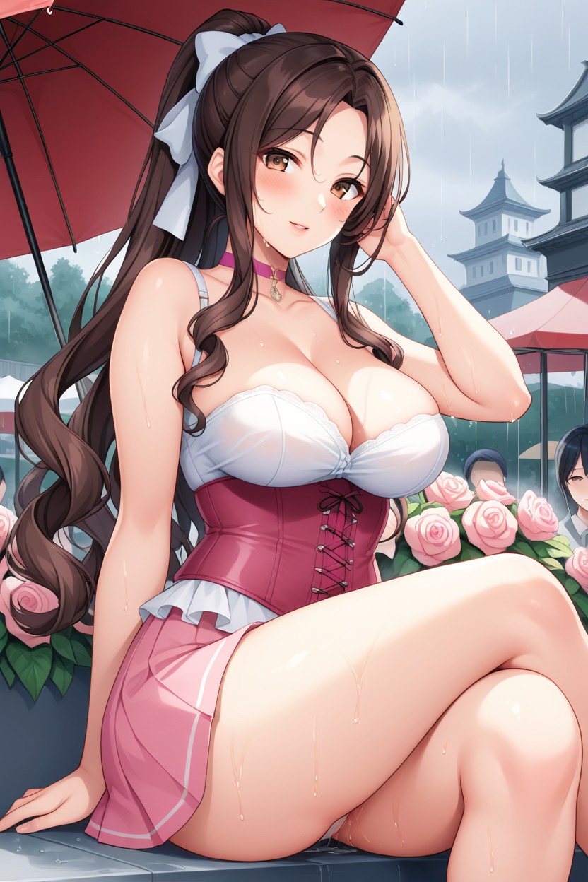 High Ponytail, Pink An White Corset, City Park Hentai AI Porn