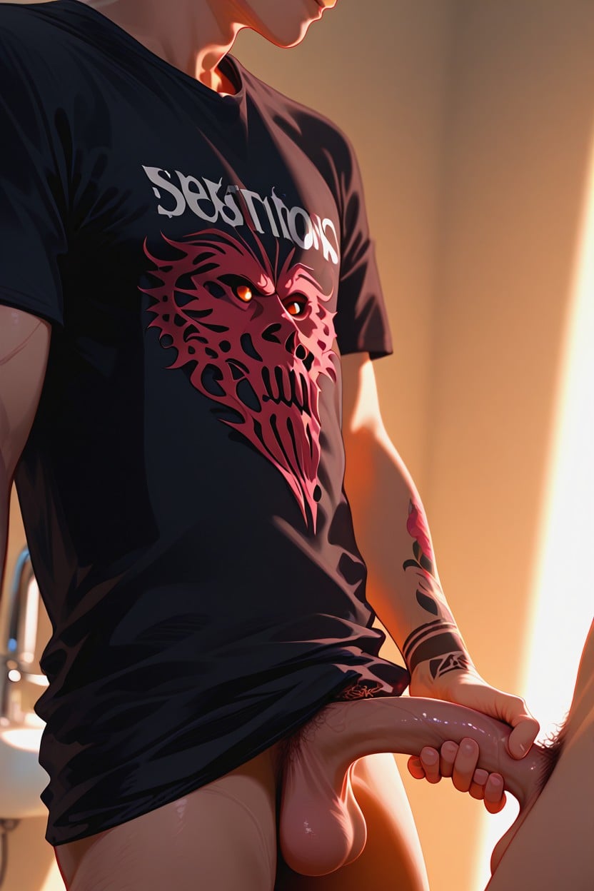 Photo Of A Man With Tattoos On His Arms, Casual And Intimate, Slight Shadow On The Penis Hentai AI Porn