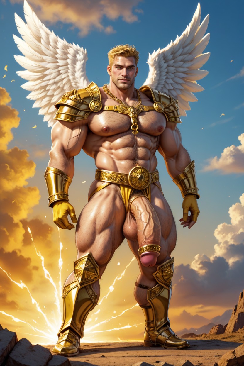 Massive Angel Wings, Hyper Angel Wings, Gold Trimmed Chain Belt AI Gay Porn