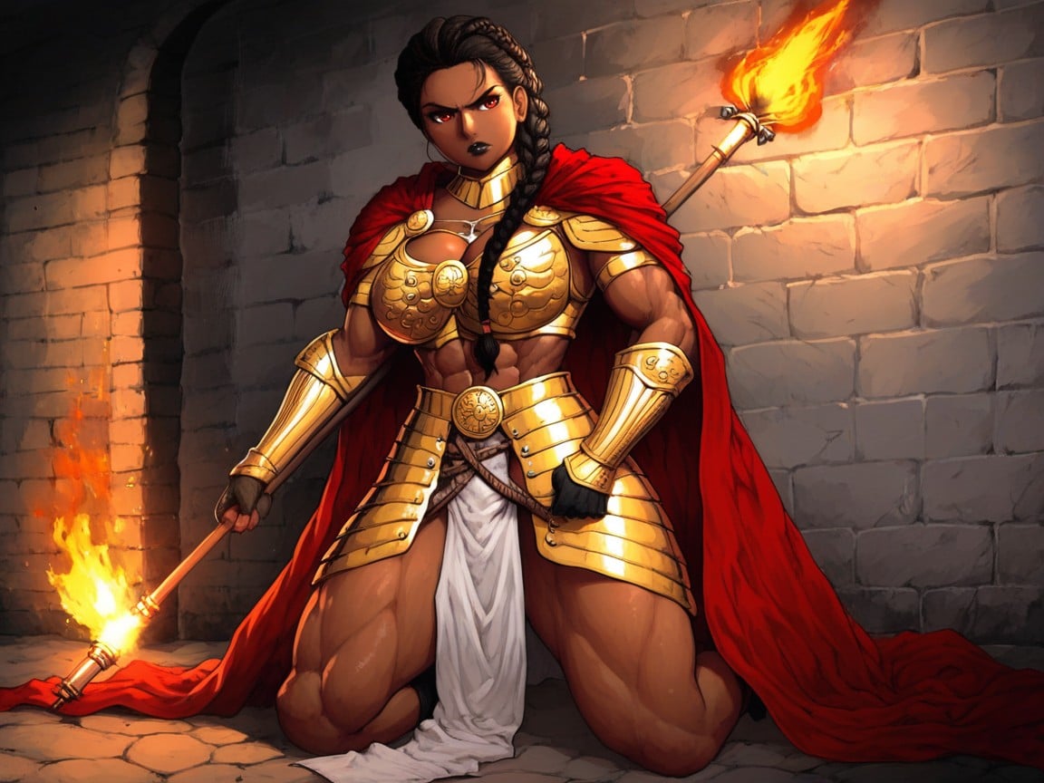 Muscular, Afterimage, Gold Emblem Shield Leaning On Wall Latina AI Porn