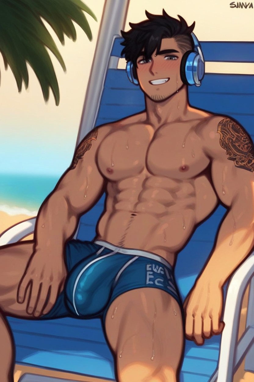 Everything Inside His Traslucent Blue And Wet Boxers, No Erection, Lean Body AI Gay Porn