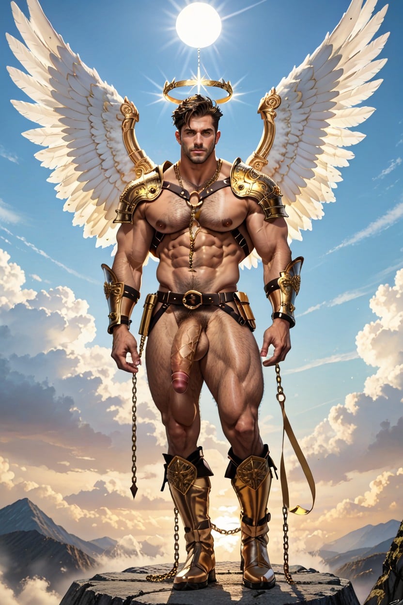 Black Hair, Ankle Cuffs, Grabbing Golden Bow In Hand AI Gay Porn