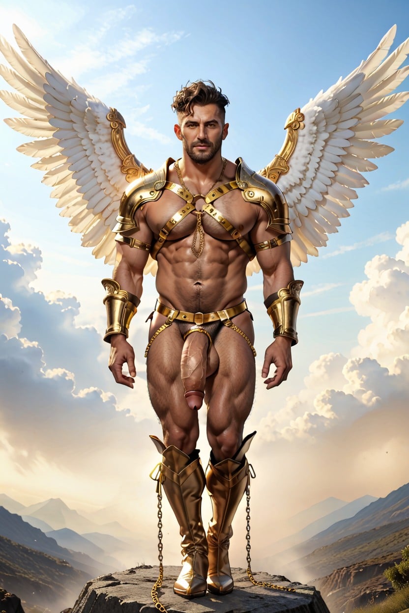 Gold Trimmed Chain Belt, Male Angel, Oversized Muscles AI Gay Porn