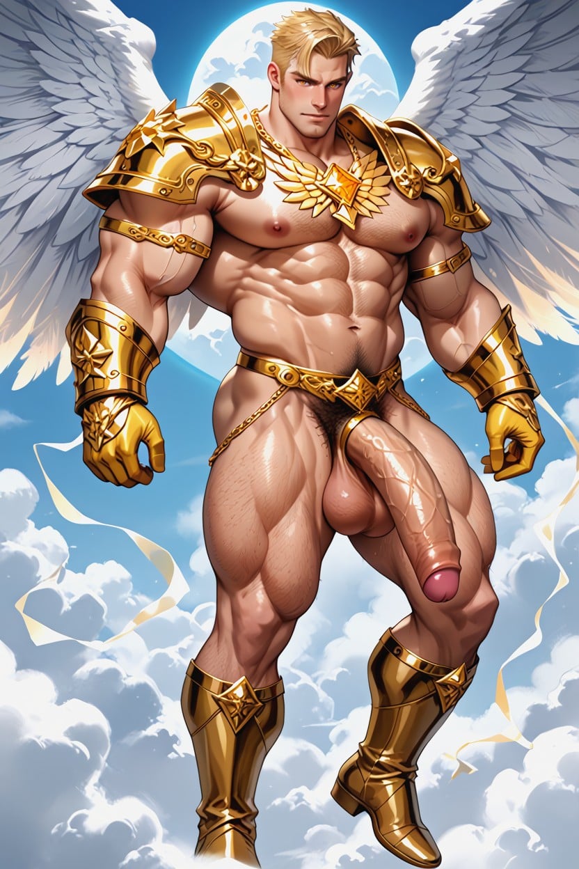 Golden Glowing Tattoos, Golden Harness, Hairy Body AI Gay Porn