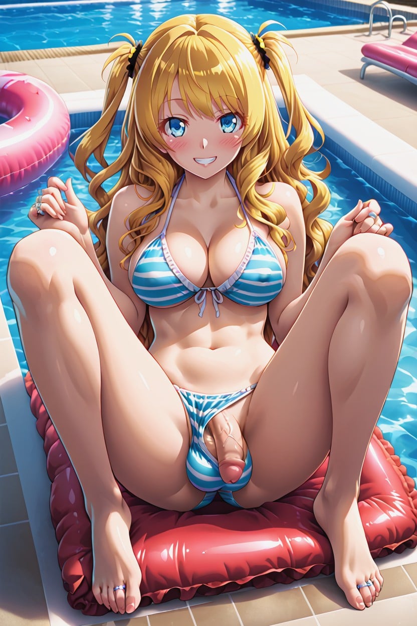 Pull Up Bikini Bottom With Her Both Hands, Amusement Park In Background, Smiling At Viewer Hentai AI Porn