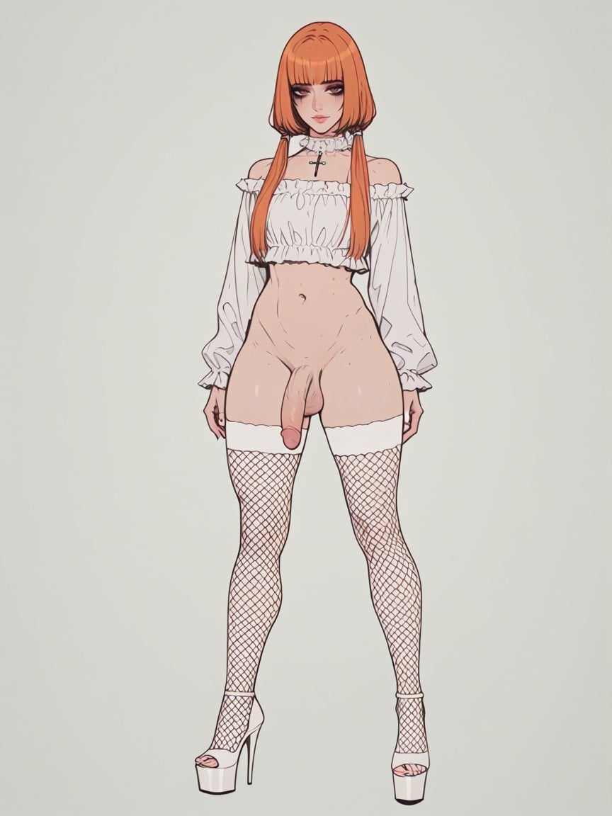 Large Ass, Thick Thighs, White Fishnet Stockings Shemale AI Porn