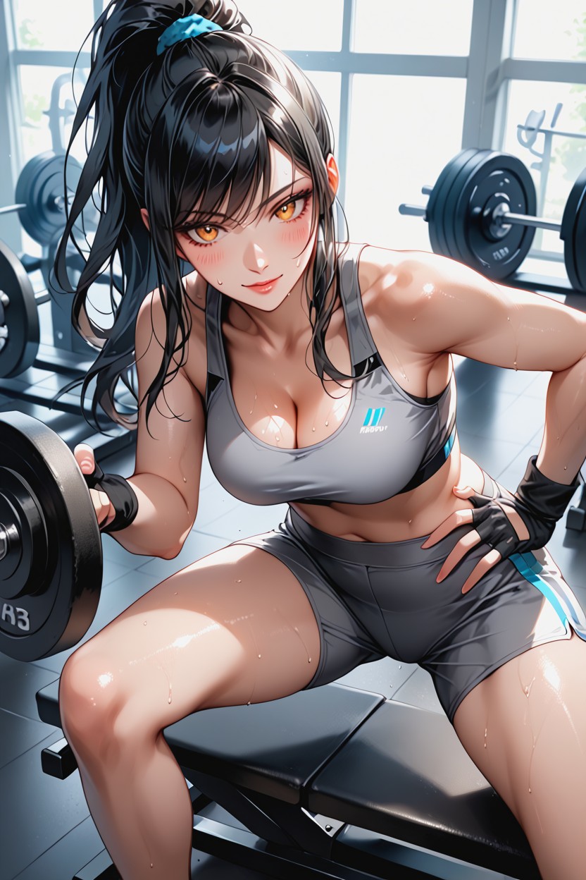 Spiral Wispy Bangs, Large Amber Eyes, Long Permed Black Hair Hentai AI Porn