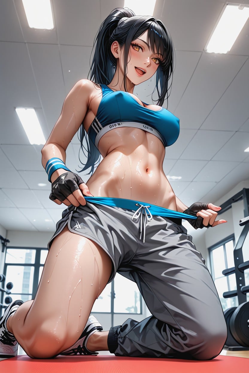 Two Tone White Gym Shoes With Blue Strings, Spiral Wispy Bangs, Fingerless Weight Lifting Gloves Hentai AI Porn