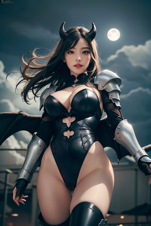 Big Demon Wings, Full Moon, Black Hair AI Porn