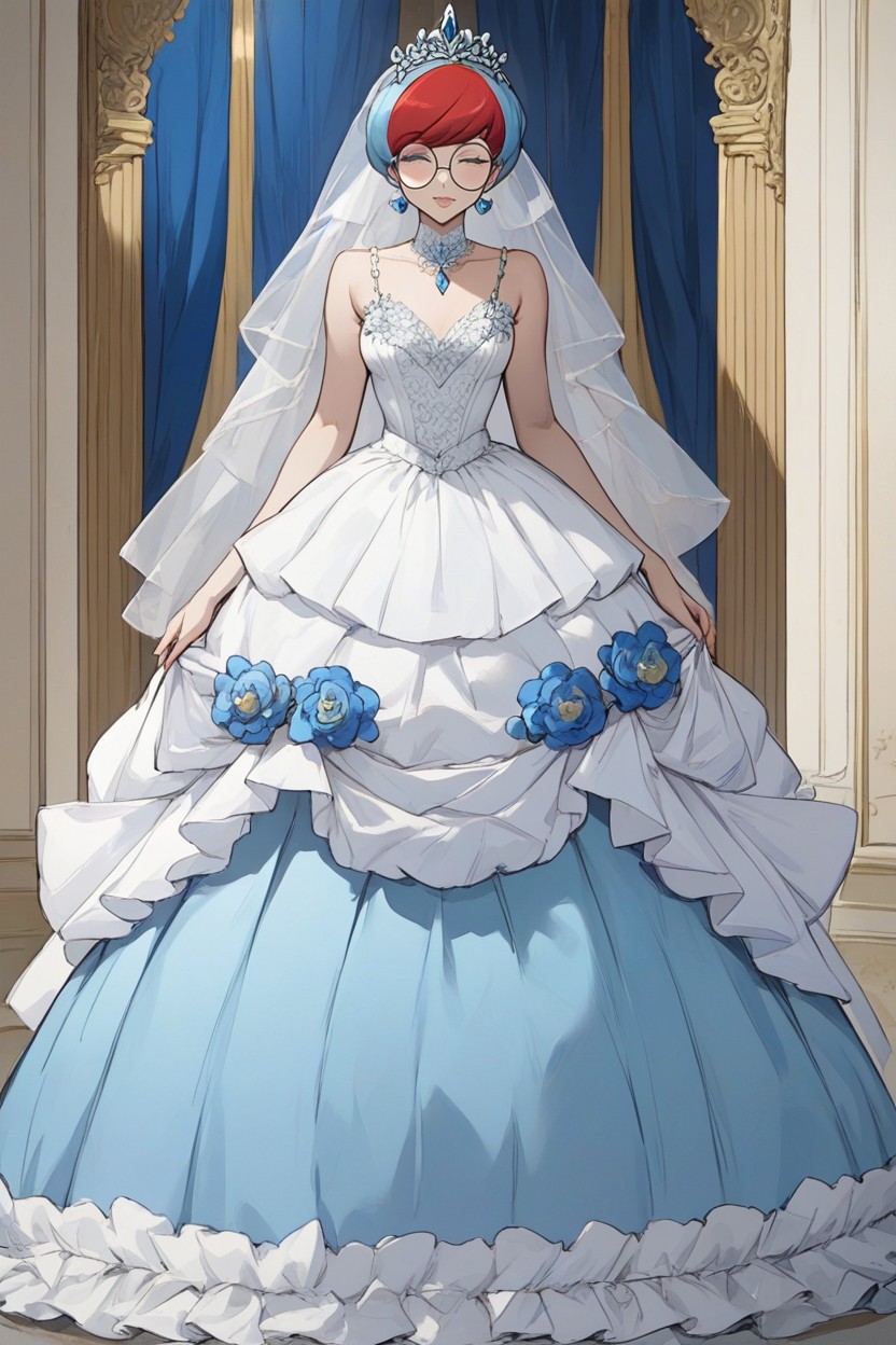Blue And Red Wedding Dress, Hyper Detailed Face, Multicolored Hair AI Porn