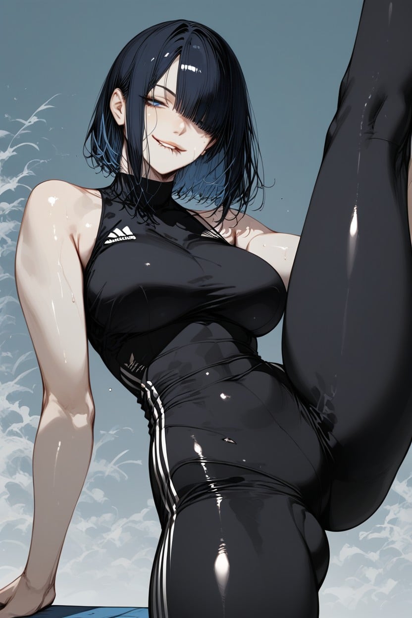 Legs Splits On The Floor, Deep Dark Blue Hair, Bob Haircut Hentai AI Porn