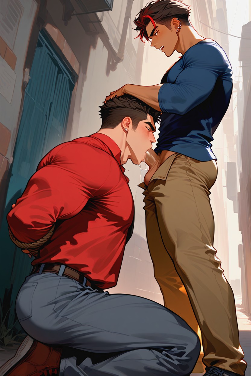 Drooling, Lot Of Drool, Tan Skin Man Kneeling AI Gay Porn