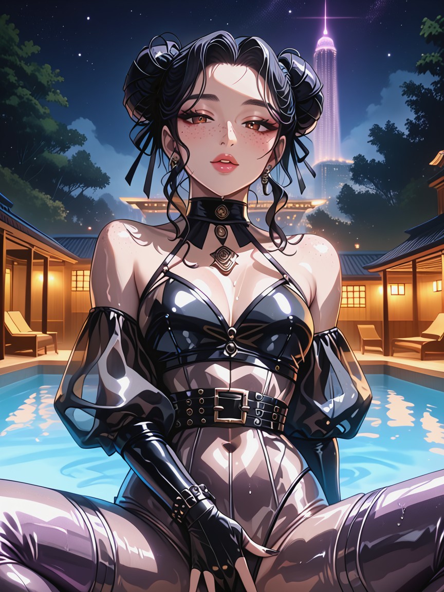 Detailed Body, Seethrough Mesh Bodystocking, Long Black Hair In A Bun Hentai AI Porn