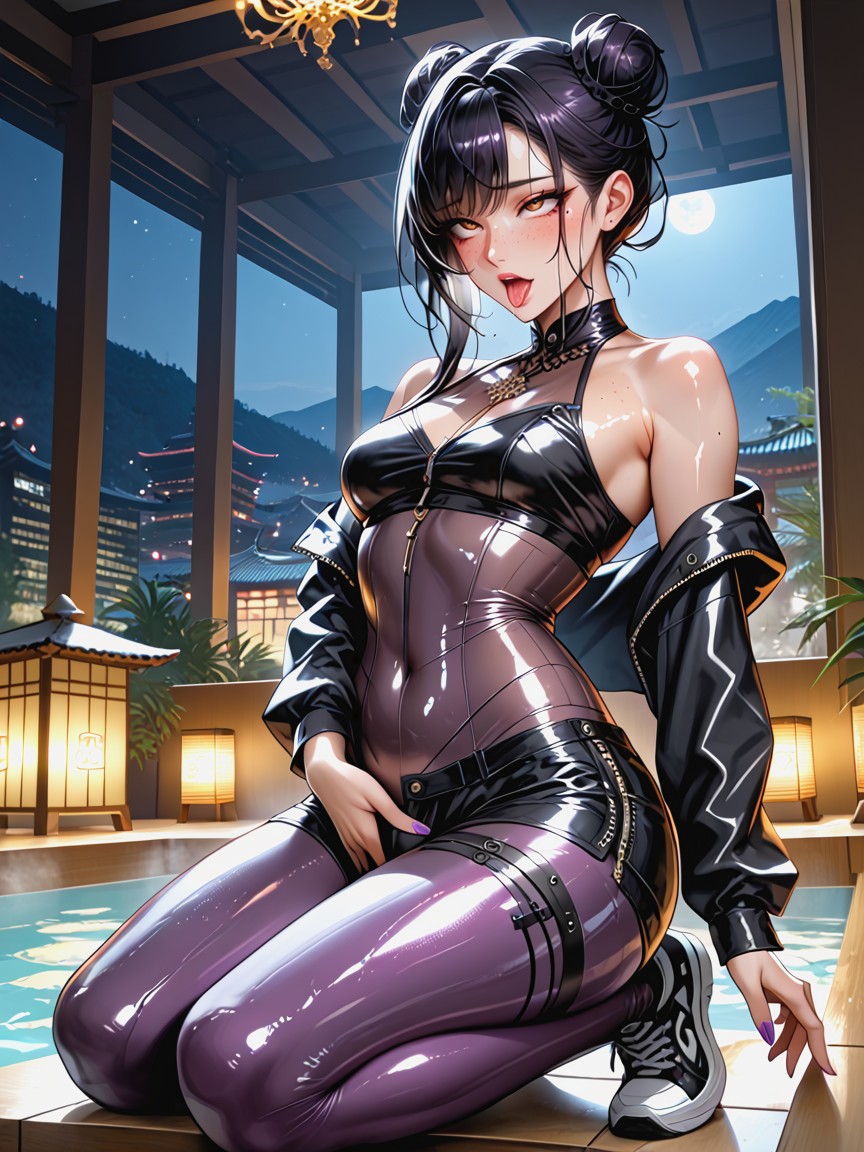 Panoramic Seoul View, Skinny, Puffy Black Latex Long Shorts Hentai AI Porn