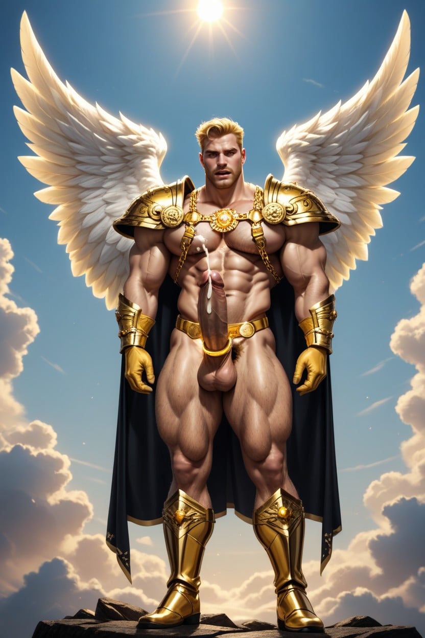 Extremely Revealing Armor Muscle, Massive Angel Wings, Wearing Revealing Golden Armor AI Gay Porn