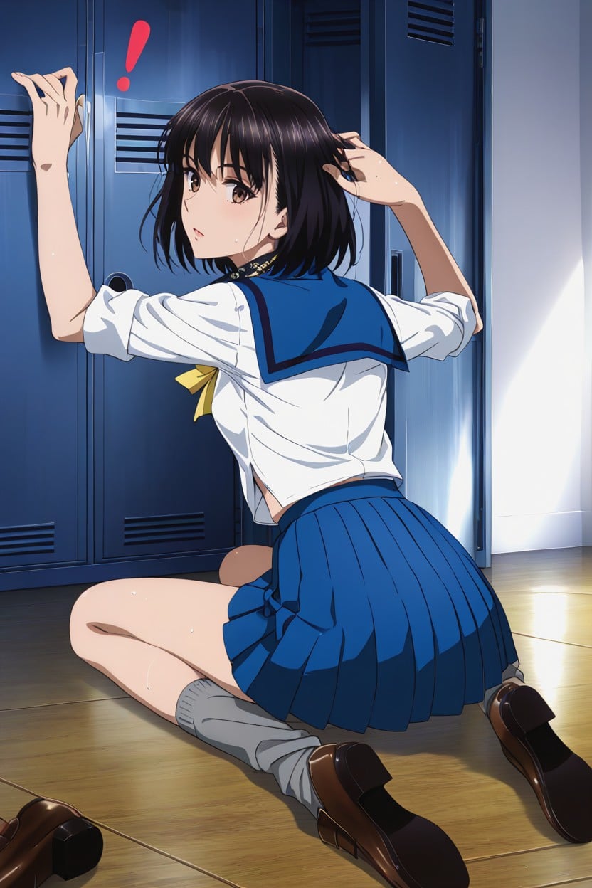 Skinny, Sitting Down On Floor, Black Hair Hentai AI Porn