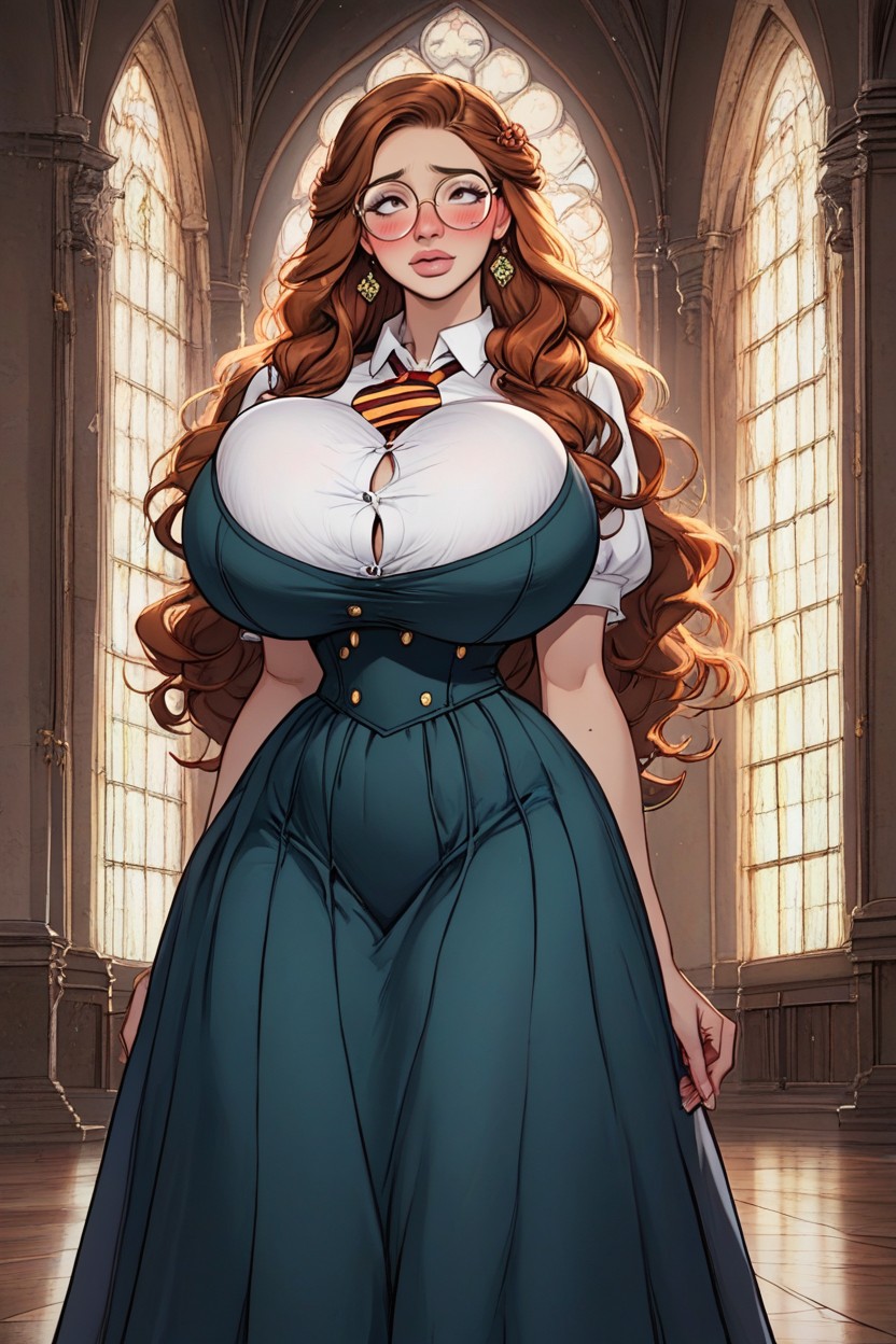 Poofy Hoopskirt, Wearing Hogwarts Uniform Dress, Embarrassed Blush AI Porn