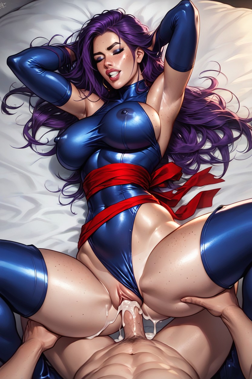 Gorgeus Voluptuos Body Oiled Sweaty Tanned Line, With Long Purple Hair, Plump Lips AI Porn