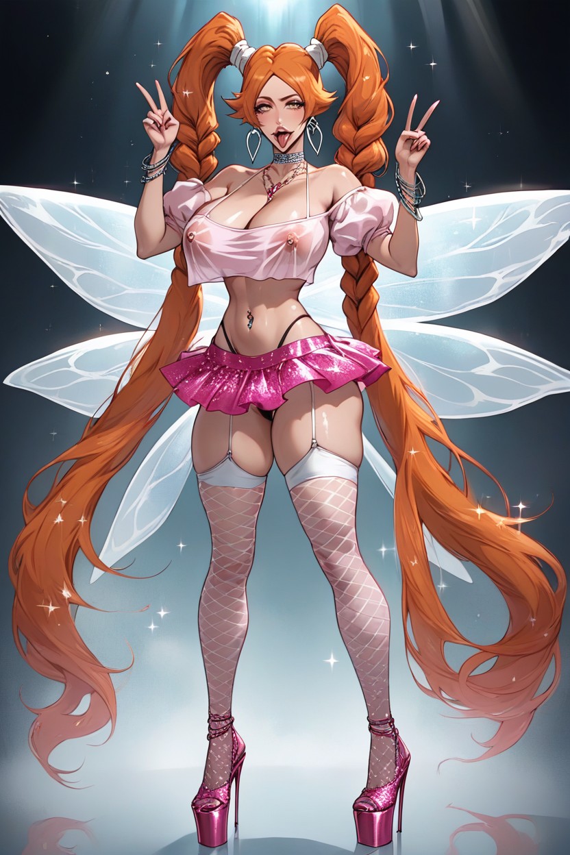 Tongue Out, Large Hanging Jewel Nipple Piercings, Fairy Wings Backpack AI Porn