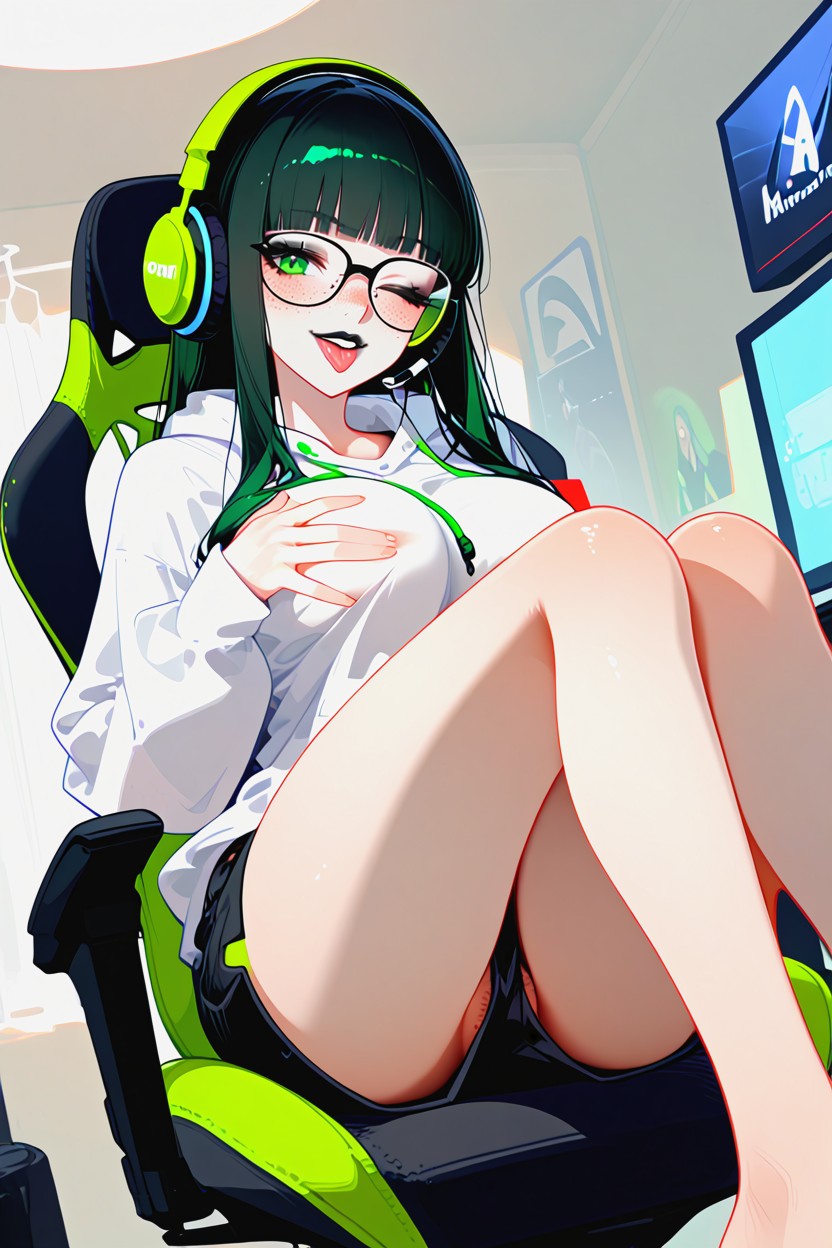 Freckles, Blunt Bangs, Gaming Room Hentai AI Porn