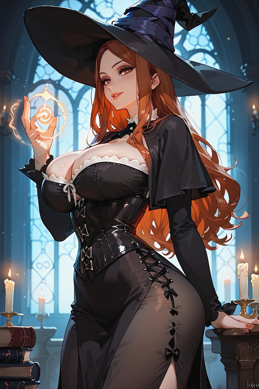 Witch Hat, Long Flowing Red Hair, Brown Eyes Hentai AI Porn