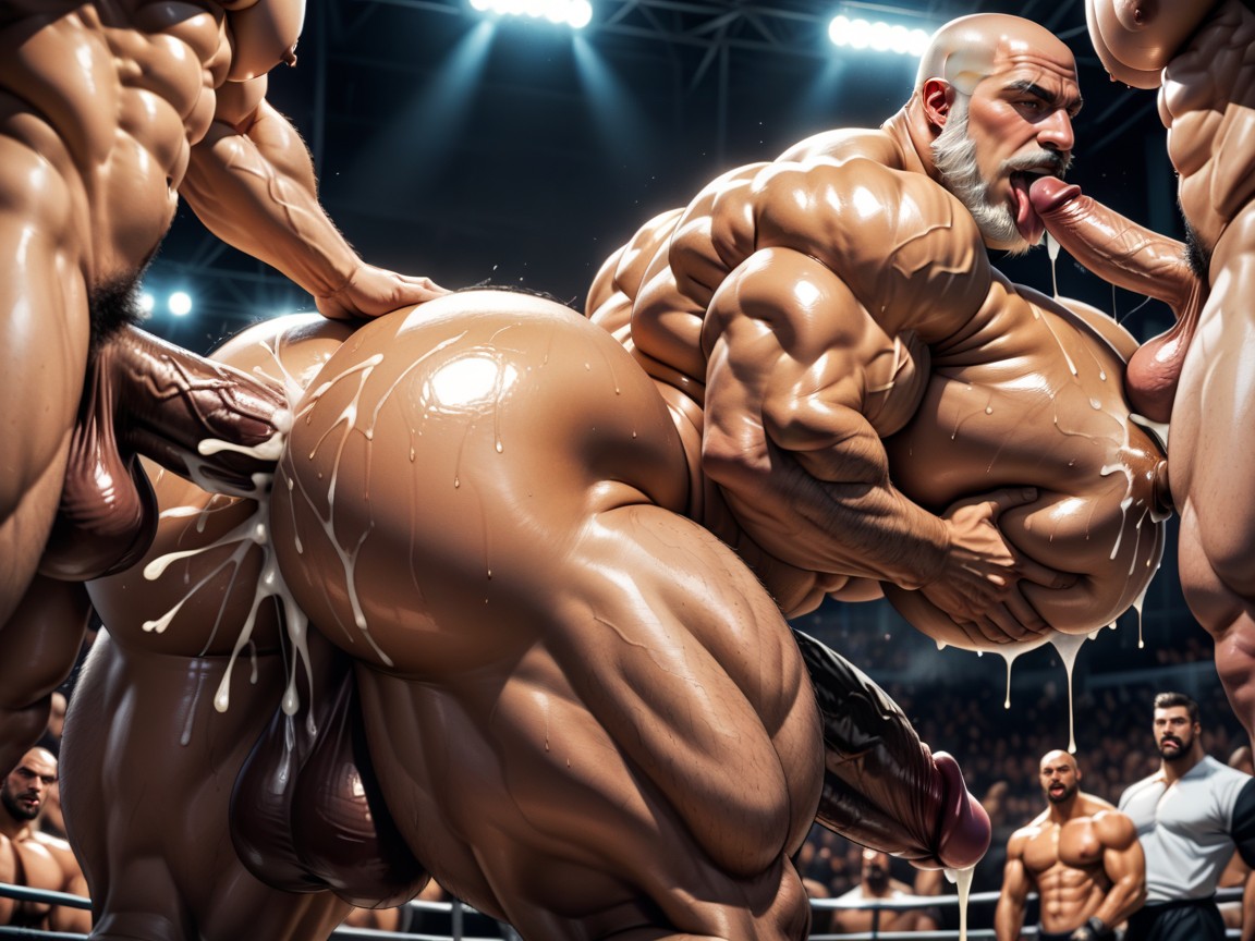 Oral Double Penetration, Hyper Bulky Tanned Skin, Sweaty AI Gay Porn