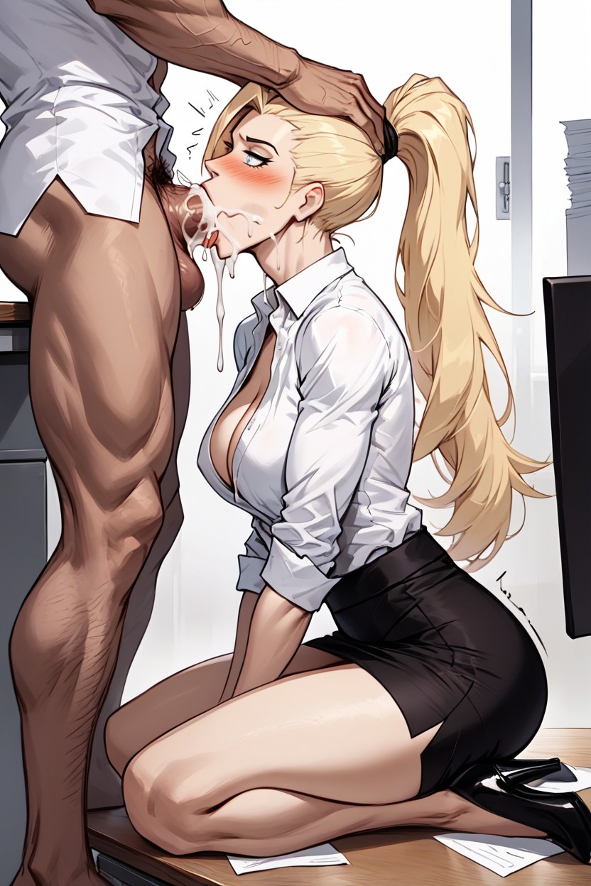 Office Shirt, Blonde Hair, Kneeling Under Office Desk Hentai AI Porn