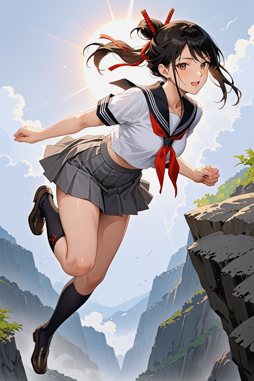 Backlit, Mini Skirt, Red Ribbon On Neck Hentai AI Porn
