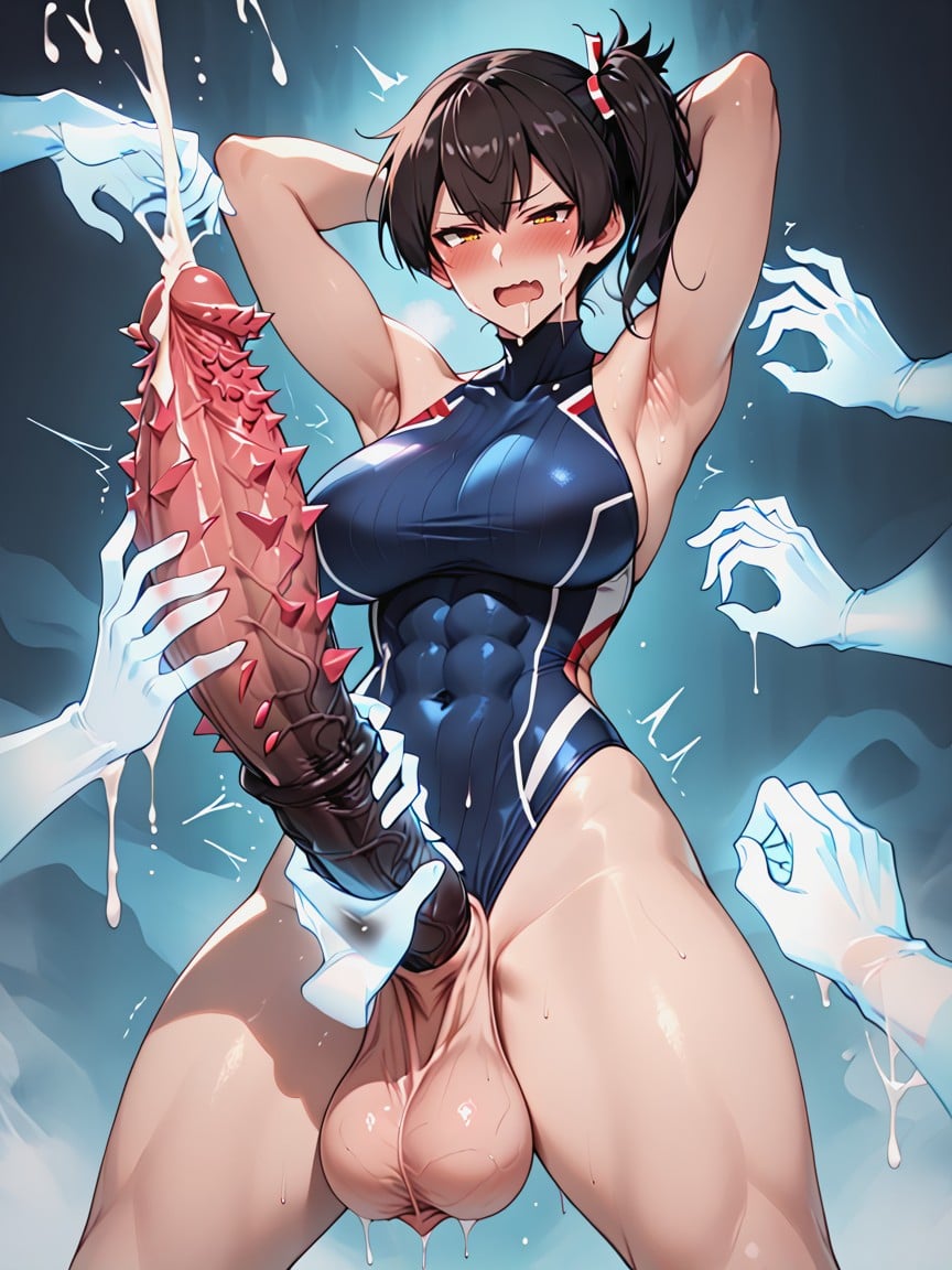 Saggy Testicles, Barbs Along Penis, Tight Blue Swimsuit Outfit Hentai AI Porn