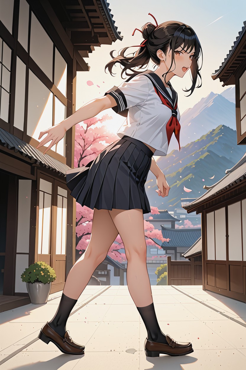 Legs Spread Wide, Japanese Lass, Half Wispy Bangs Hentai AI Porn