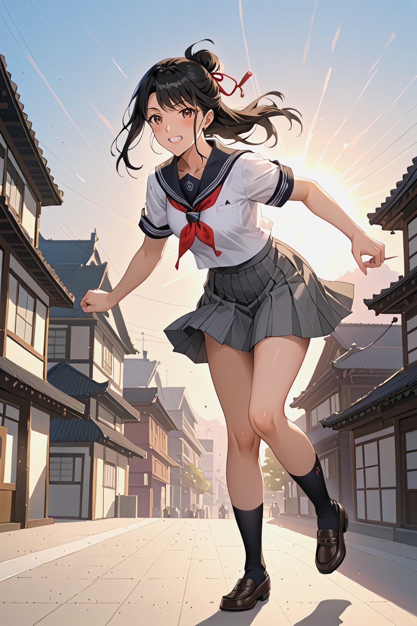 White Shirt, Sunset In Background, Leaning Forward Hentai AI Porn