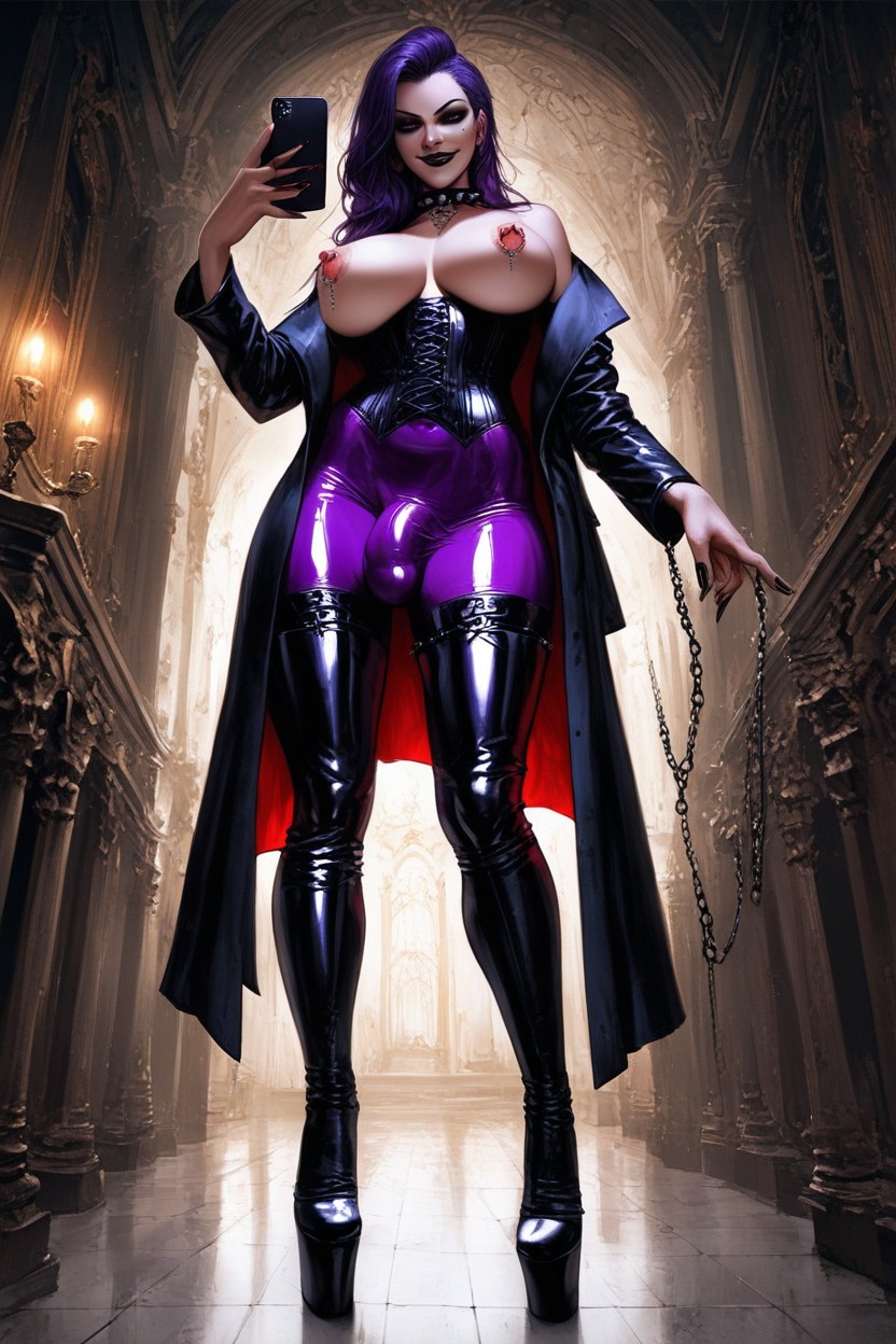 Massive Breast, Purple Latex Bodysuit, Futanari AI Porn