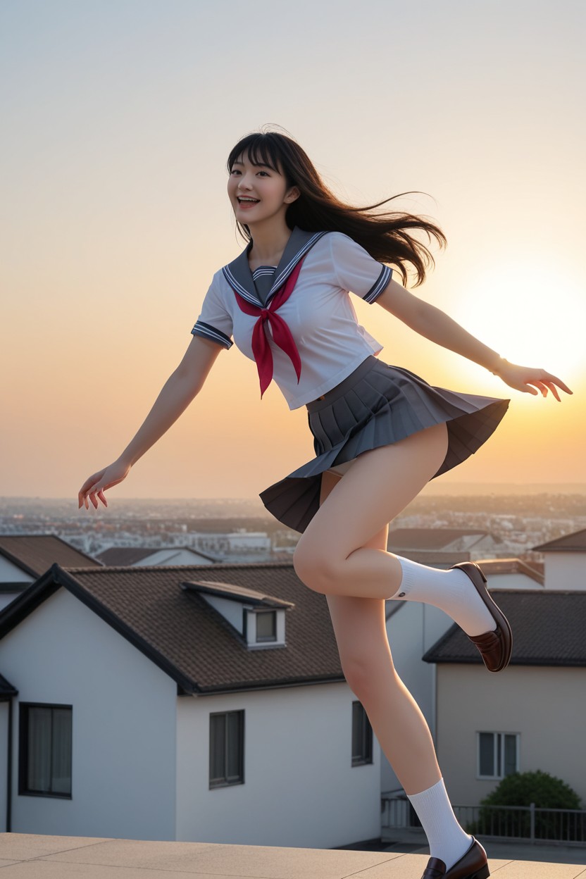 Grey Pleated Skirt, 업스커트, Half Wispy Bangs 아시아 AI 포르노