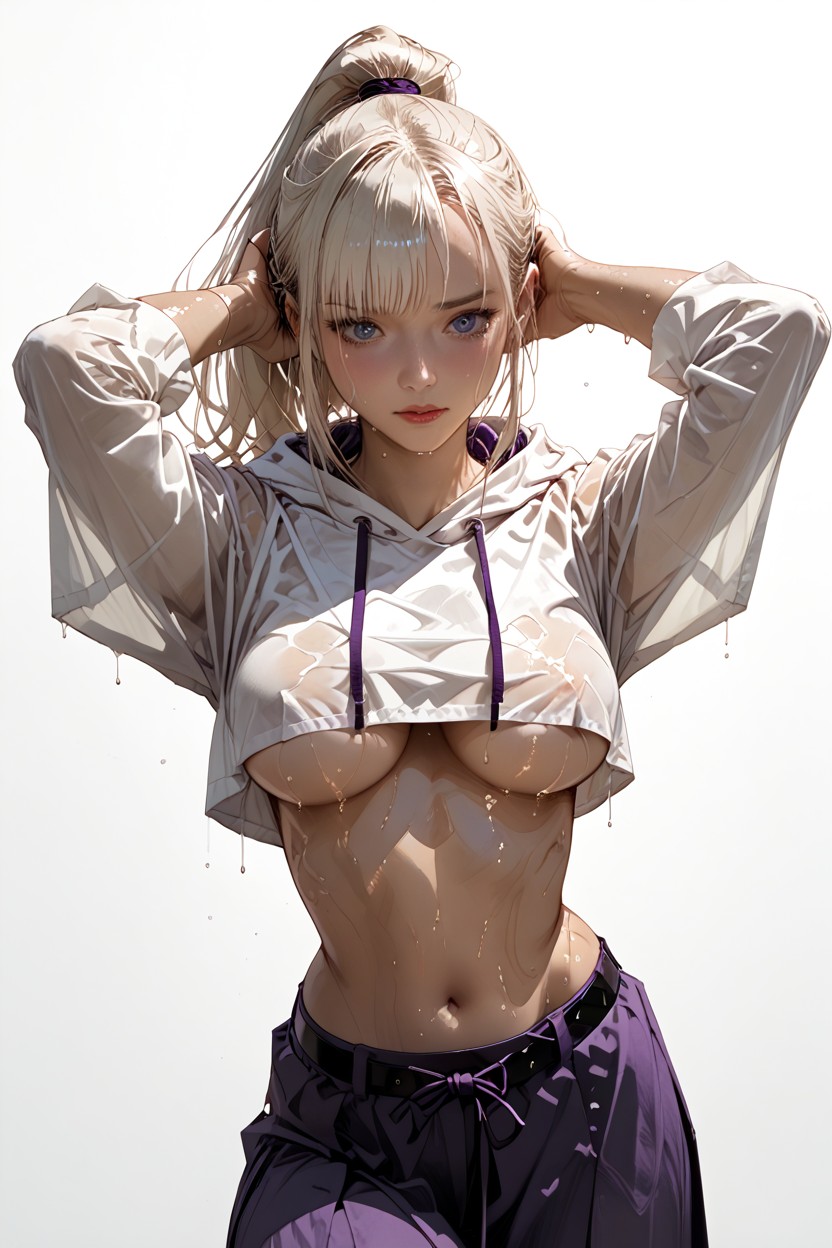 Showing Underboobs, Clean Lineart, She's Wearing A Dark Purple Hooded Cropped Top Covering Nipples Hentai AI Porn