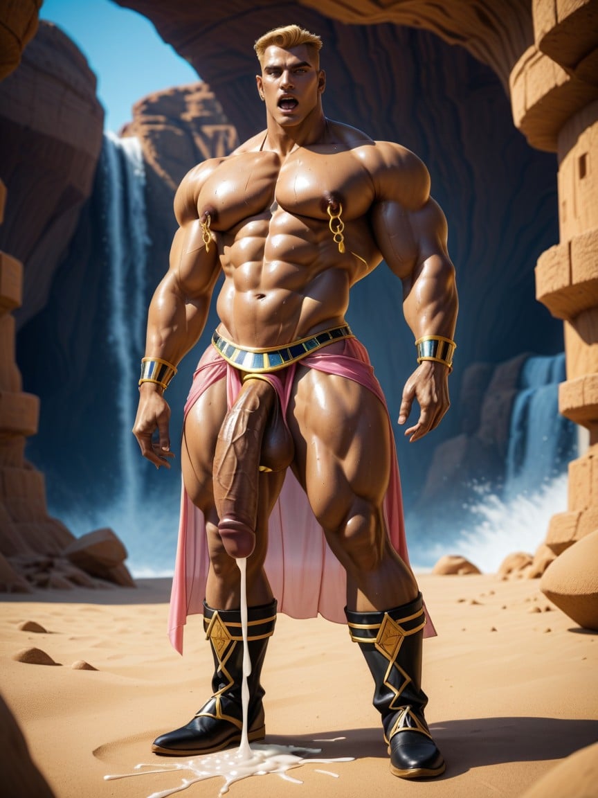 Six Pack, Hyper Long Foreskin, Hand Holding Penis AI Gay Porn