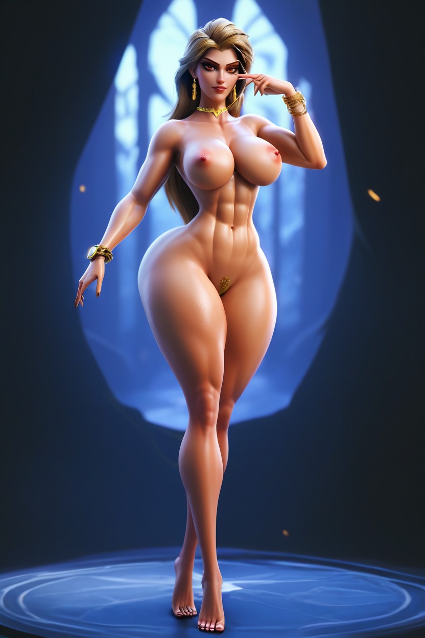 Perfect Skin, Three Gold Bracelets On The Right Hand, Thick Circle Golden Earrings Hentai AI Porn