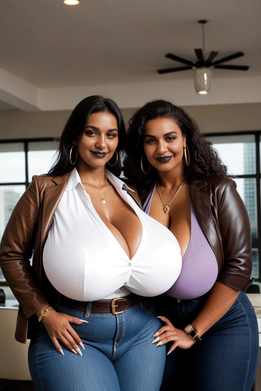 Tits Covered, Brown Tight Leather Jacket With Zip, Buttons On Shirt Shemale AI Porn