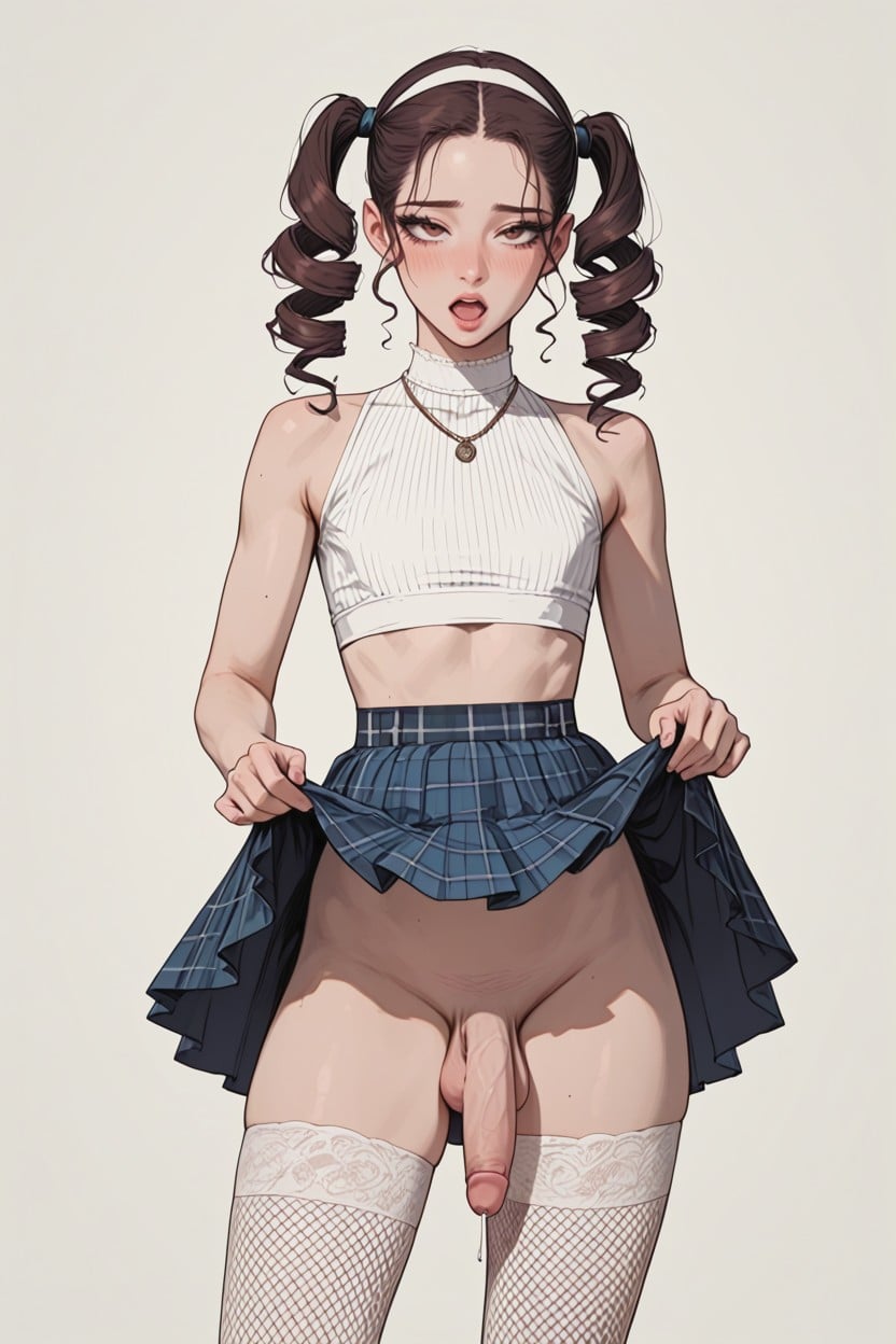 Dark Green And Blue Plaid, Brunette, Standing Shemale AI Porn