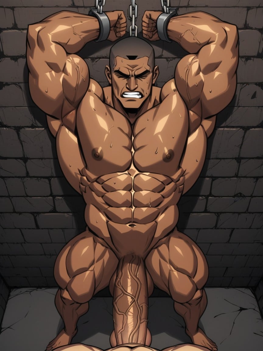 Of Frustration Streaming Down His Face, Restrained By Sturdy Shackles, Splattering Semen AI Gay Porn
