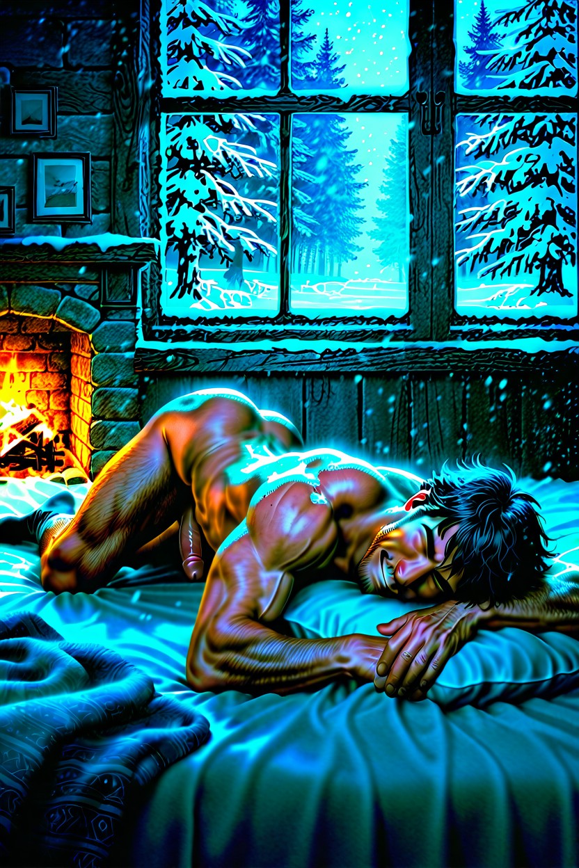 Burning Fireplace, 25+, Uncut Penis AI Gay Porn