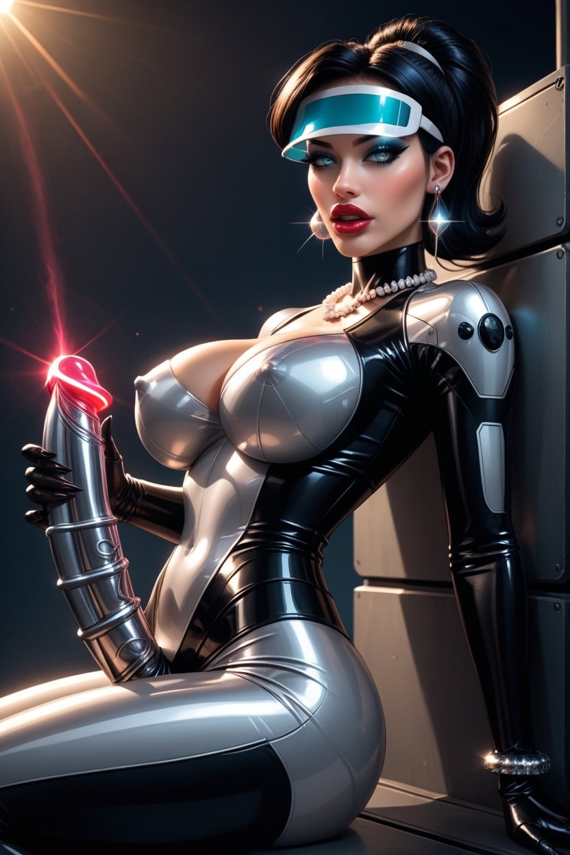 Diamond Earrings, Platform High Heels, Metallic Latex Catsuit Shemale AI Porn
