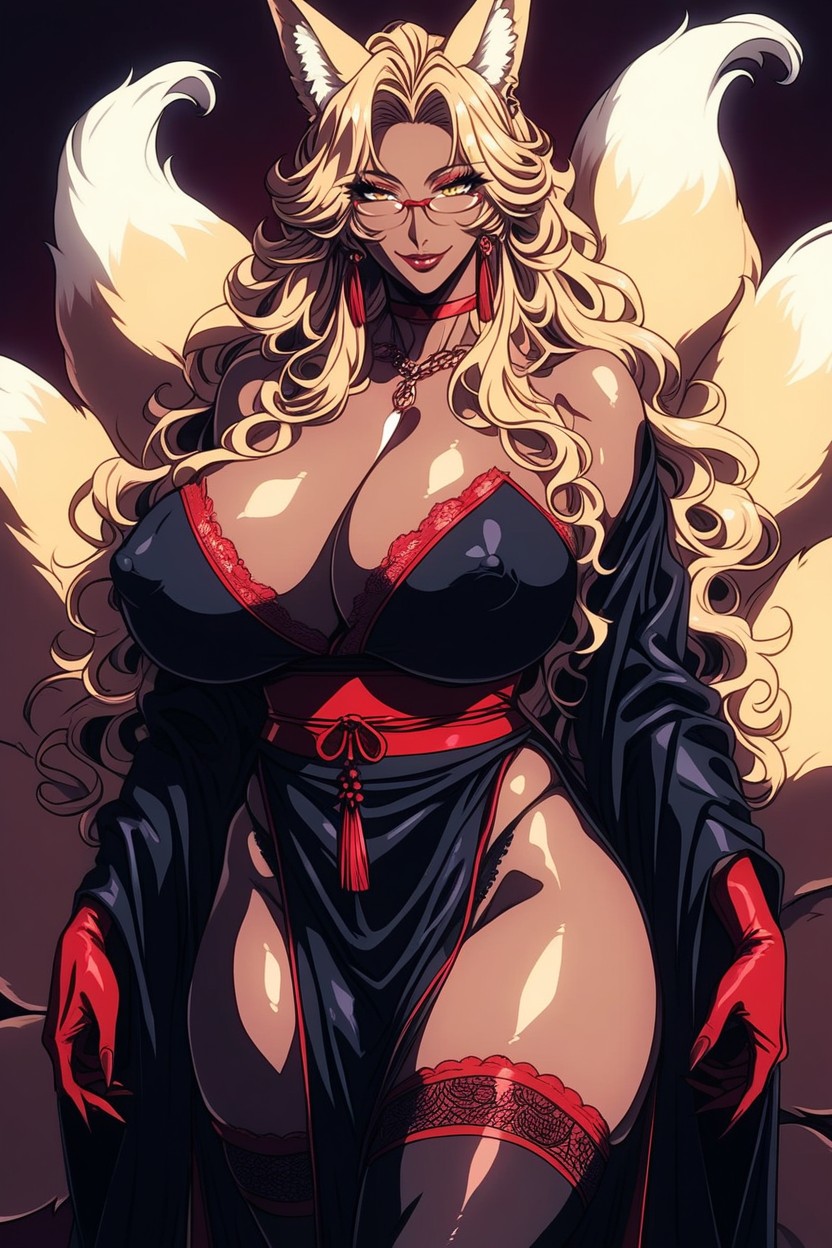 Strapless Kimono, Black Stockings, Red Belt Hentai AI Porn